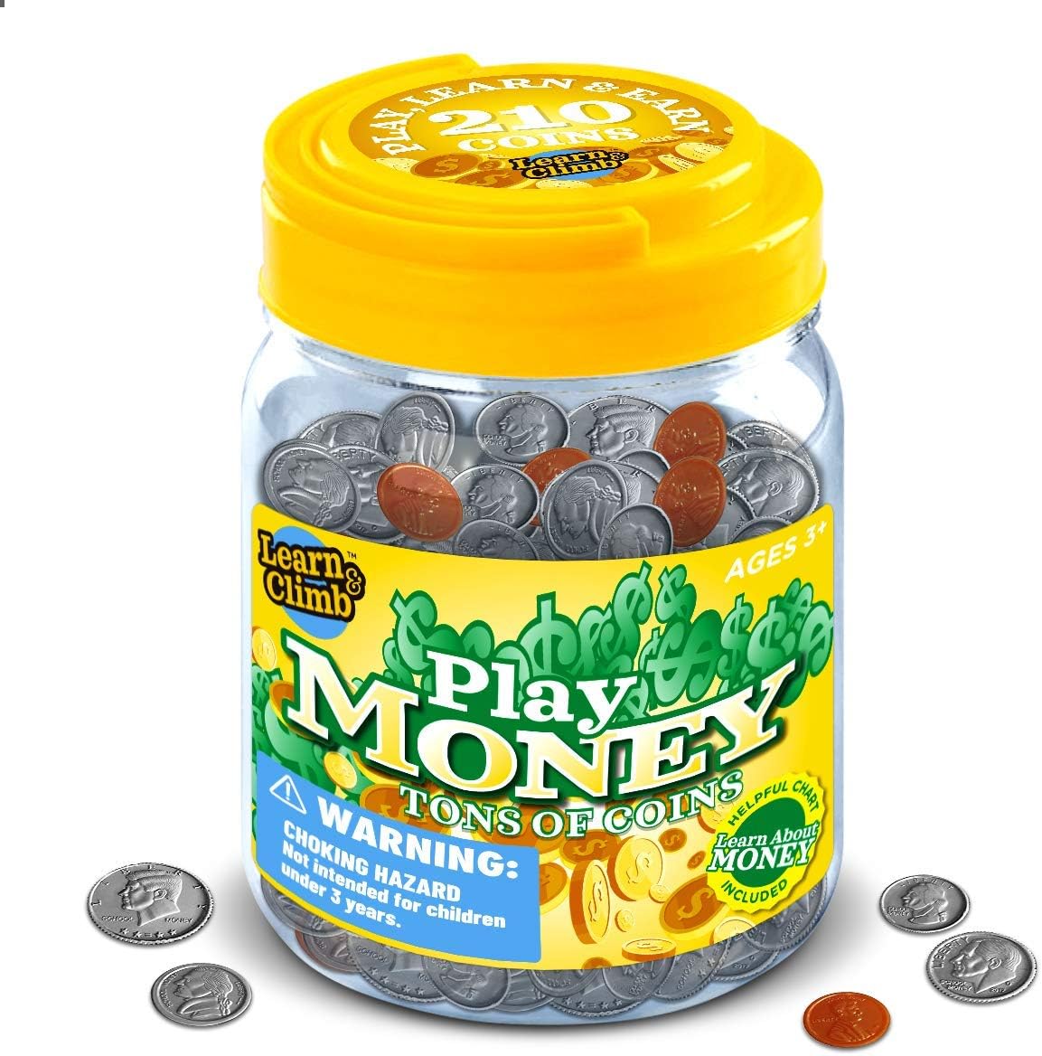 Learn & Climb Play Money Coins for Kids - 10 Half Dollars, 50 Quarters, 50 Dimes, 50 Nickels, 50 Pennies