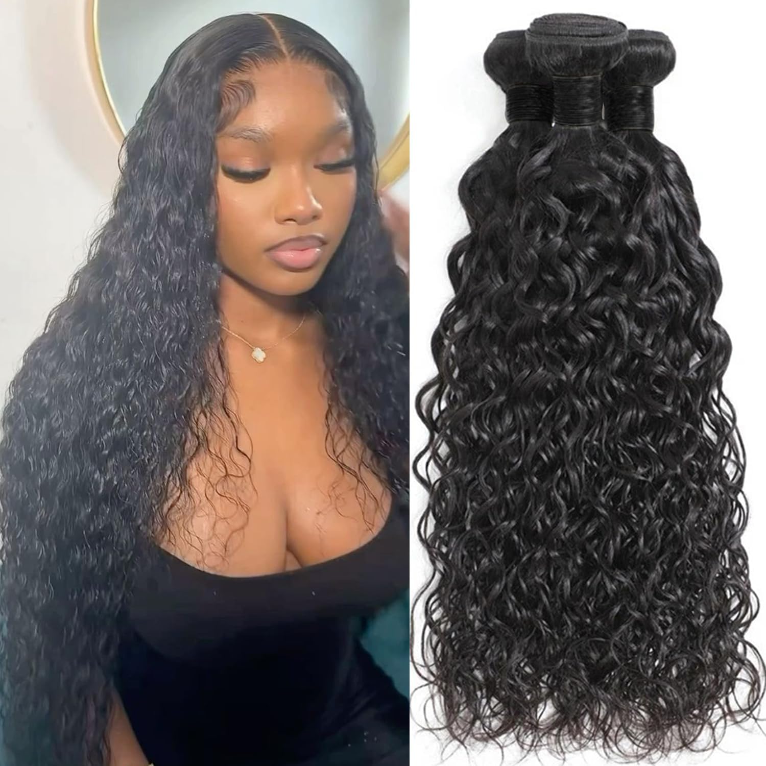 Water Wave Human Hair Bundles12A 100% Unprocessed Brazilian Virgin Hair Curly Bundles Human Hair Can be Dyed Wet and Wavy Curly Weave Bundles Natural Black Color (18 20 22inch)