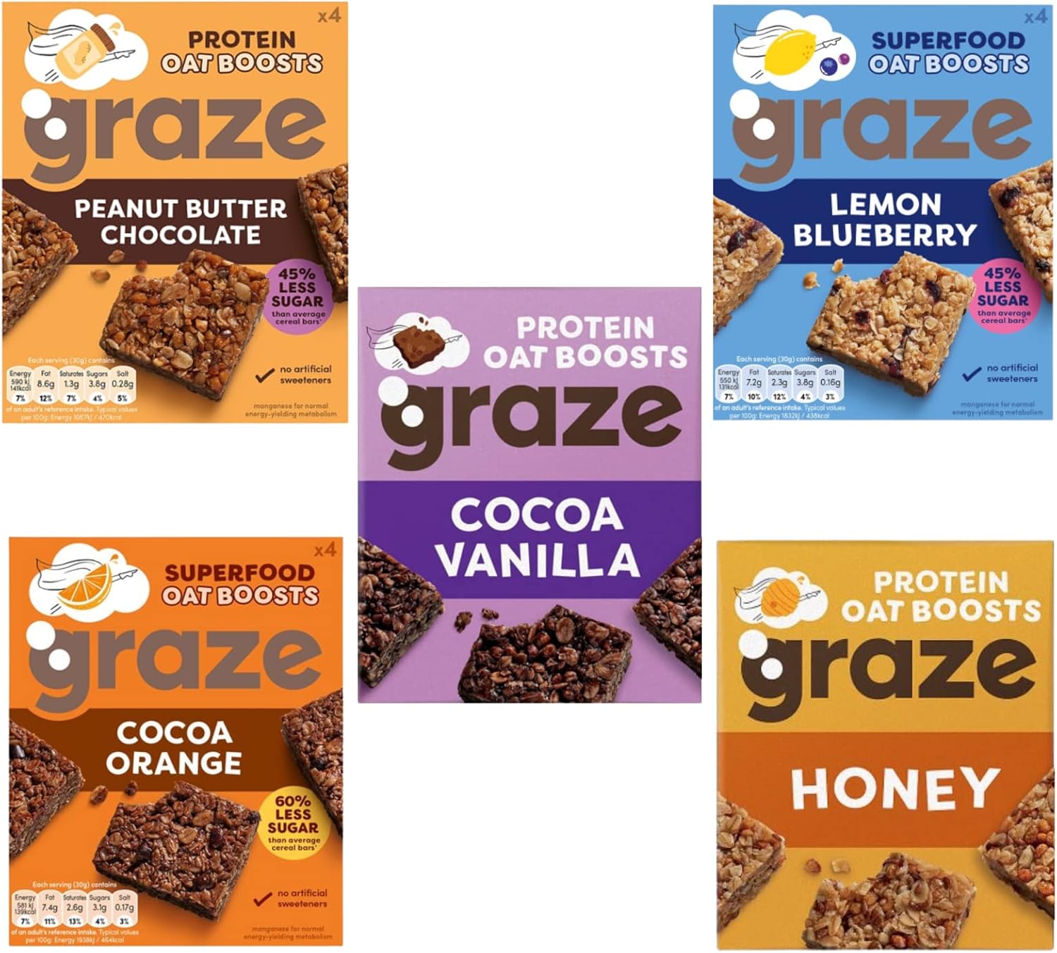 Graze Snacks Protein Bars Oat Boosts - Healthy, Whole Oats, Natural Flavours, High Fibre, Less Sugar (20 Snacks - 5 Packs of 4 x 30g)