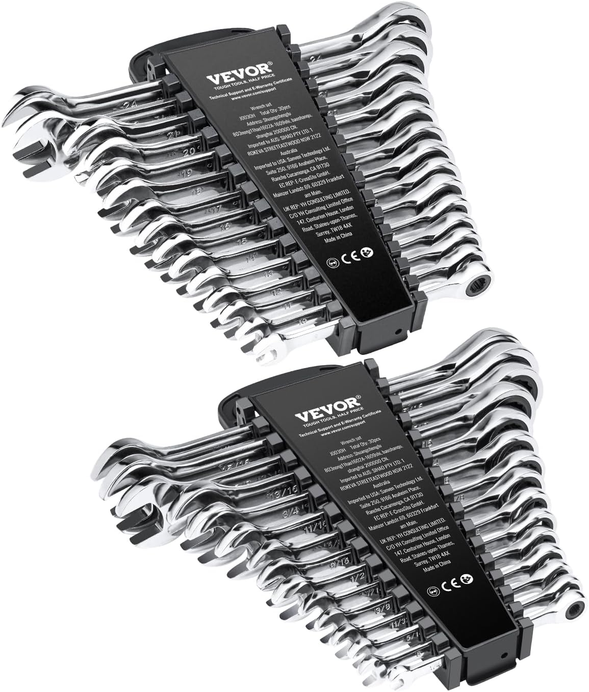 VEVOR Combination Wrench Set, 30-Piece Ratcheting Wrench Set with Organizer Rack, Cr-V Steel Wrench Set SAE 1/4" to 1", Metric 8 mm to 24 mm, Ideal for General Household, Garage, Workshop, Emergency