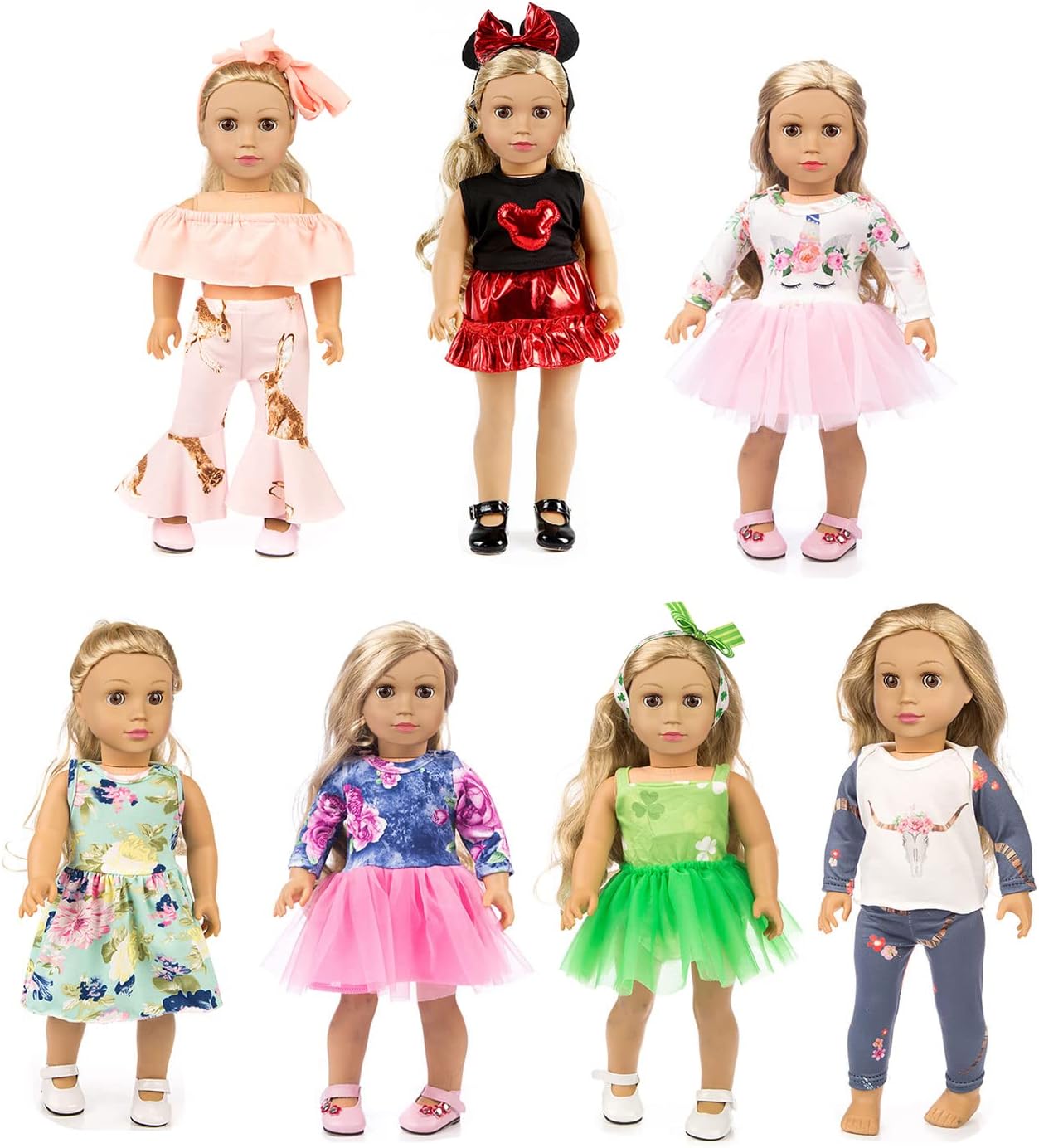7 Sets 18 inch Doll Clothes Gifts and Accessories, Mickey,Unicorn Doll Clothes Fit American18 inch Doll (NO Doll)