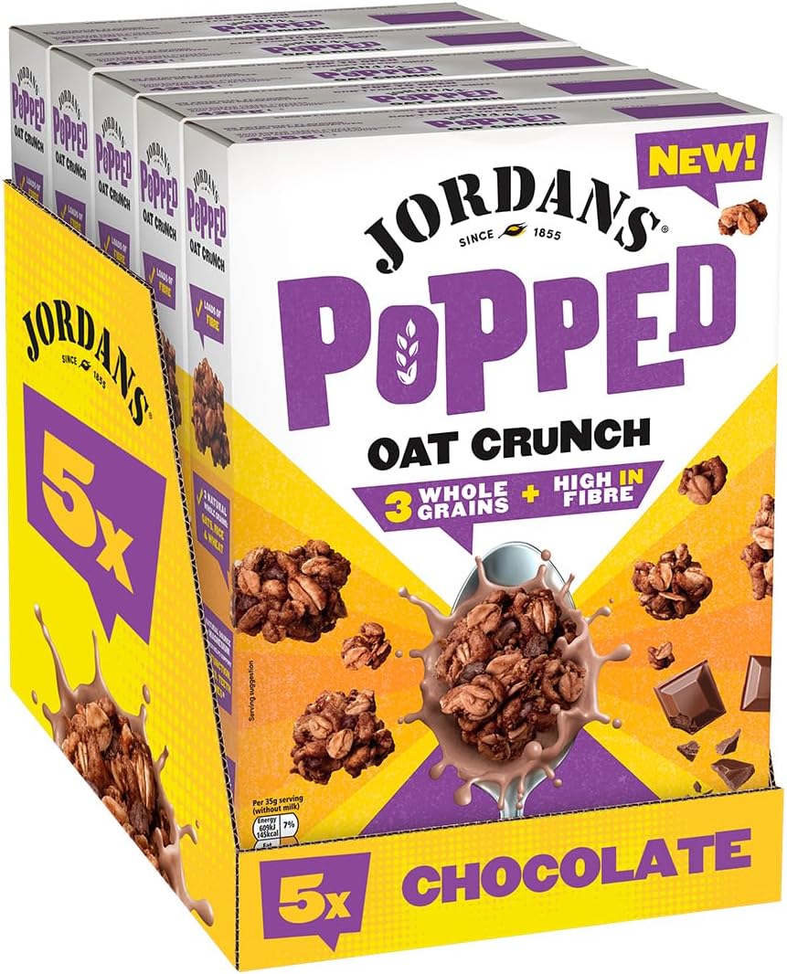 JORDANS Popped Oat Crunch Chocolate, Breakfast Cereal, High in Fibre, Whole Grains, Vegetarian, Adult and Kids Cereal, 5 Pack of 425 g