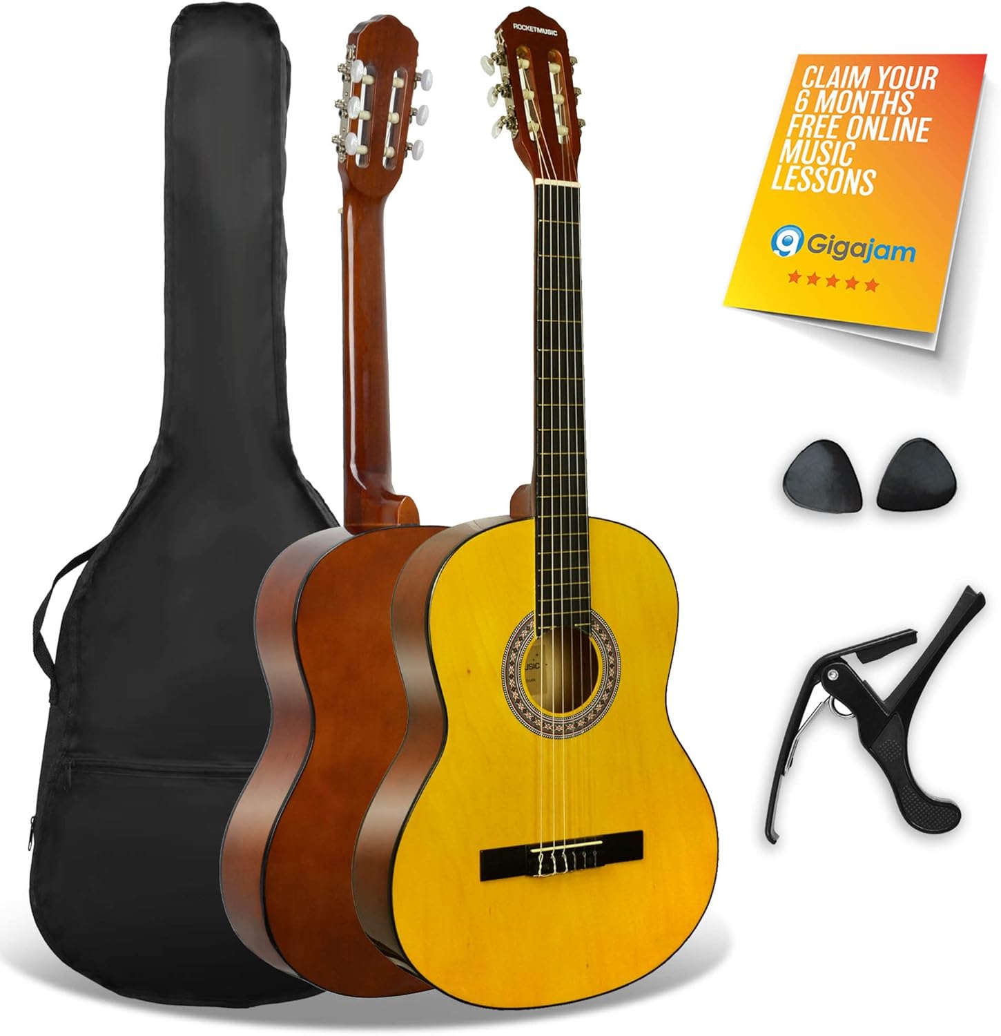3rd Avenue XF Full Size 4/4 Classical Spanish Starter Beginner Pack Acoustic Guitar with Nylon Strings, Gig Bag, Capo and Picks – Natural