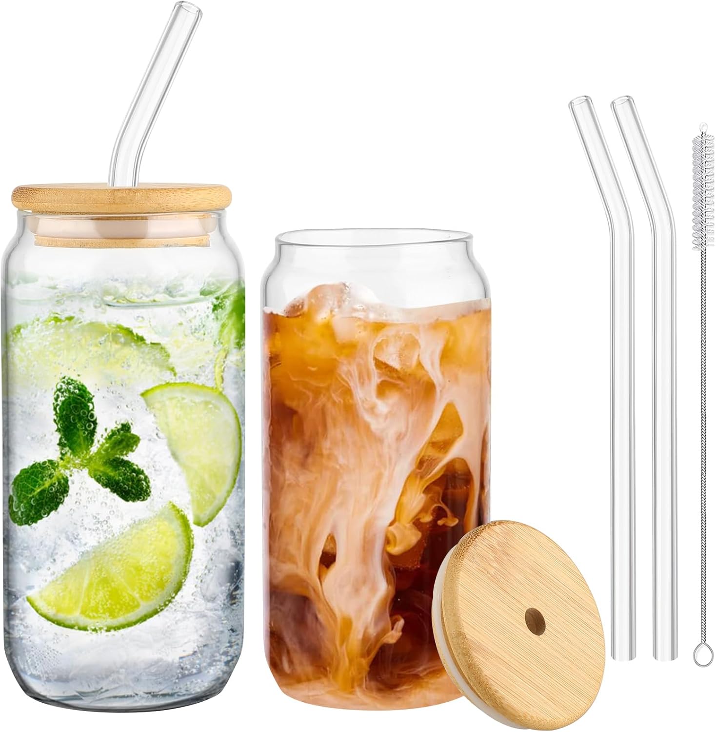 2 Pack Can Shaped Glasses 500ml Glass Cups with Bamboo Lids and Glass Straw Iced Coffee Cup Tumbler for Cocktail Whiskey Soda Beer