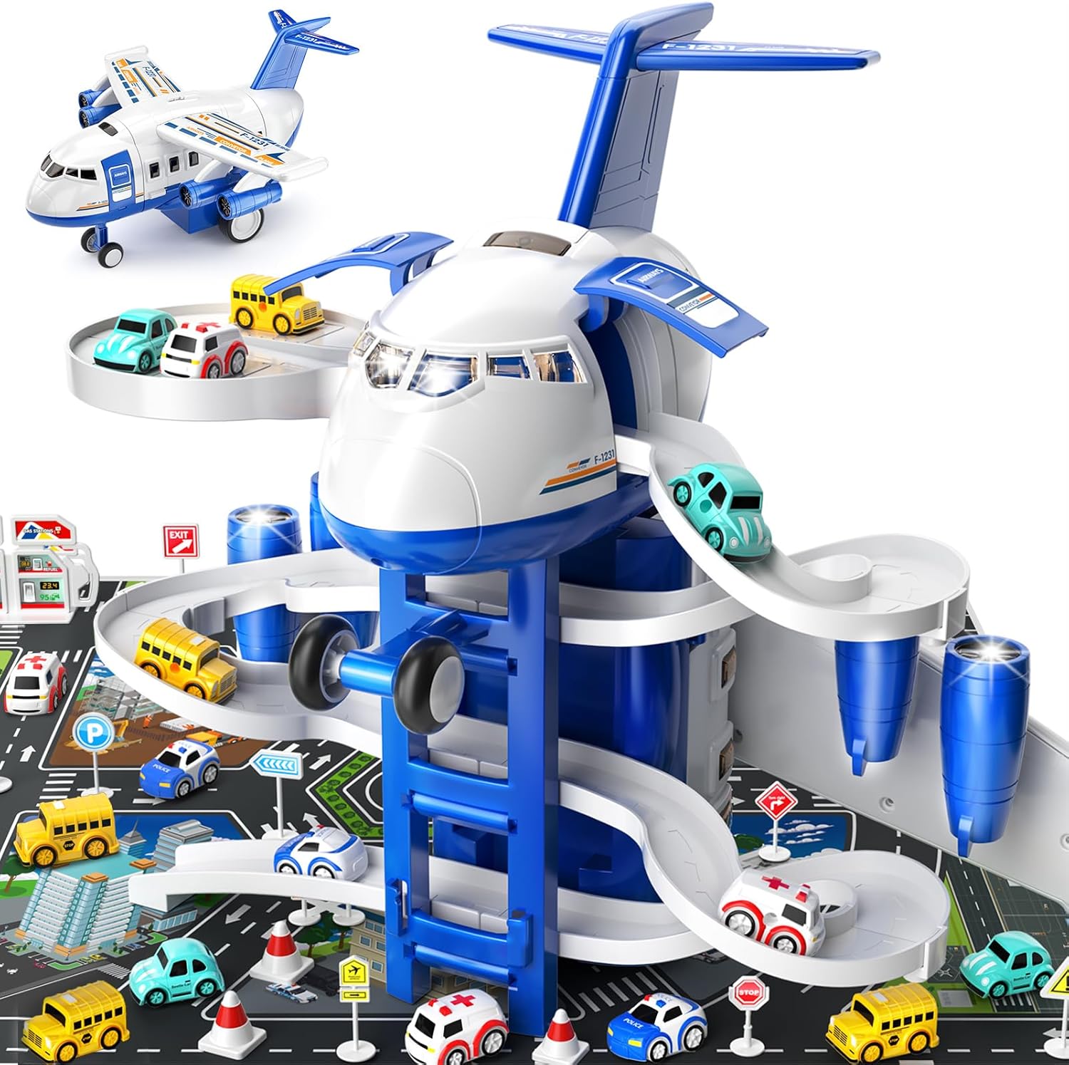 TEMI Kids Aeroplane Toys Race Track Car Toys for 3 4 5 6 7 Boys - Transformed Plane Garage Adventure Toy with 8 City Cars for Toddler Age 3-6, Parking Lot Playmat, Kids Gift