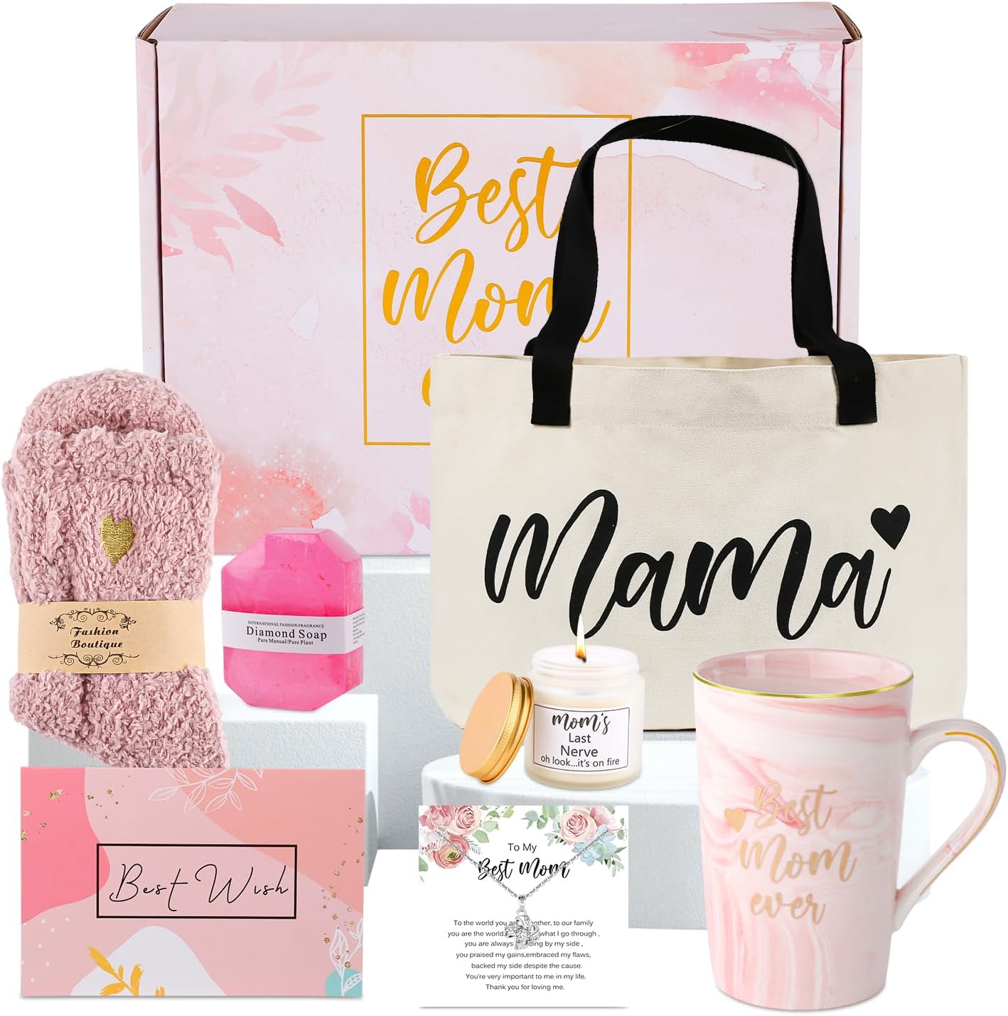 DHQH Best New Mom Gifts for Mom from Daughter Son,Gift Basket for Women Birthday Gifts for Mother-in-law Thanksgiving Presents with Candle box Tote Bag
