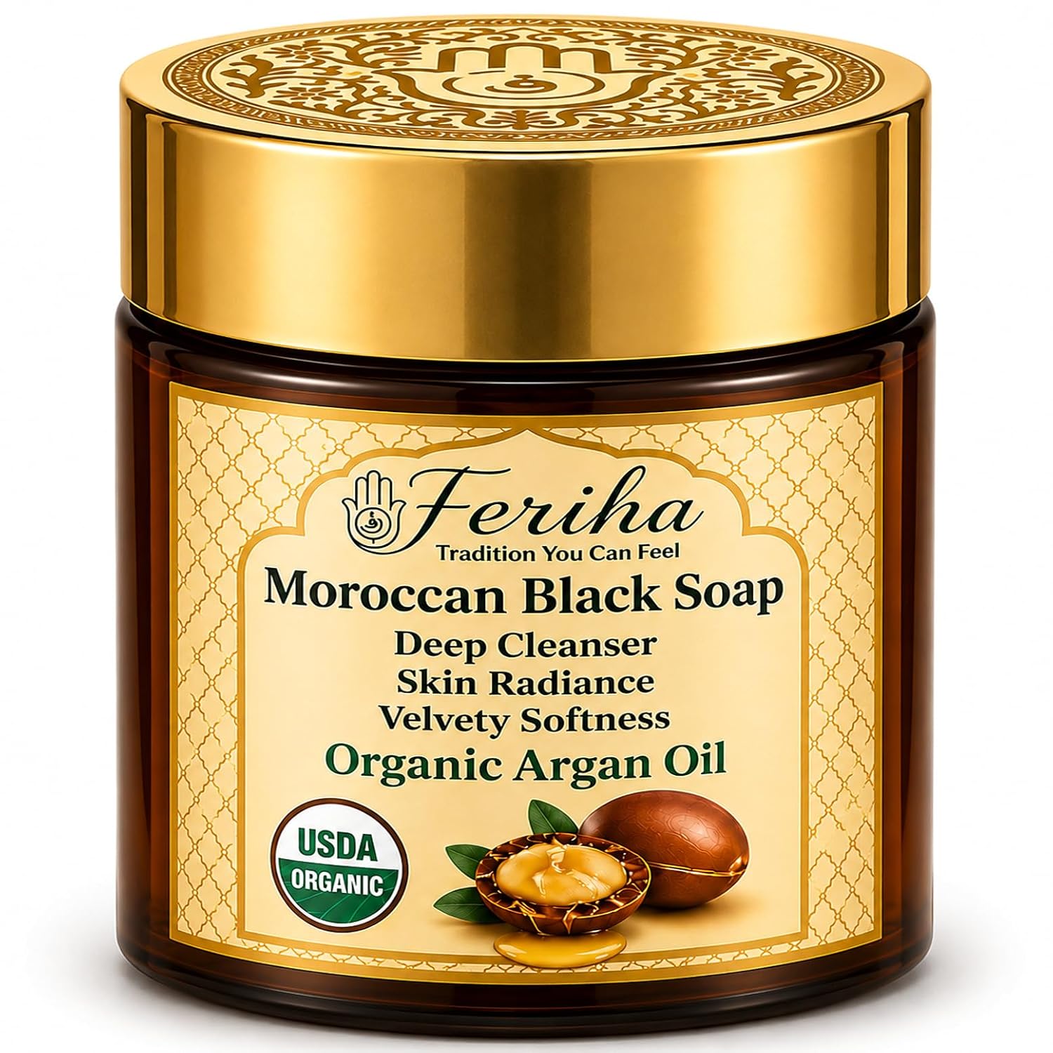 FERIHA Moroccan Black Soap with Organic Argan Oil, Made in Morocco, 7 oz