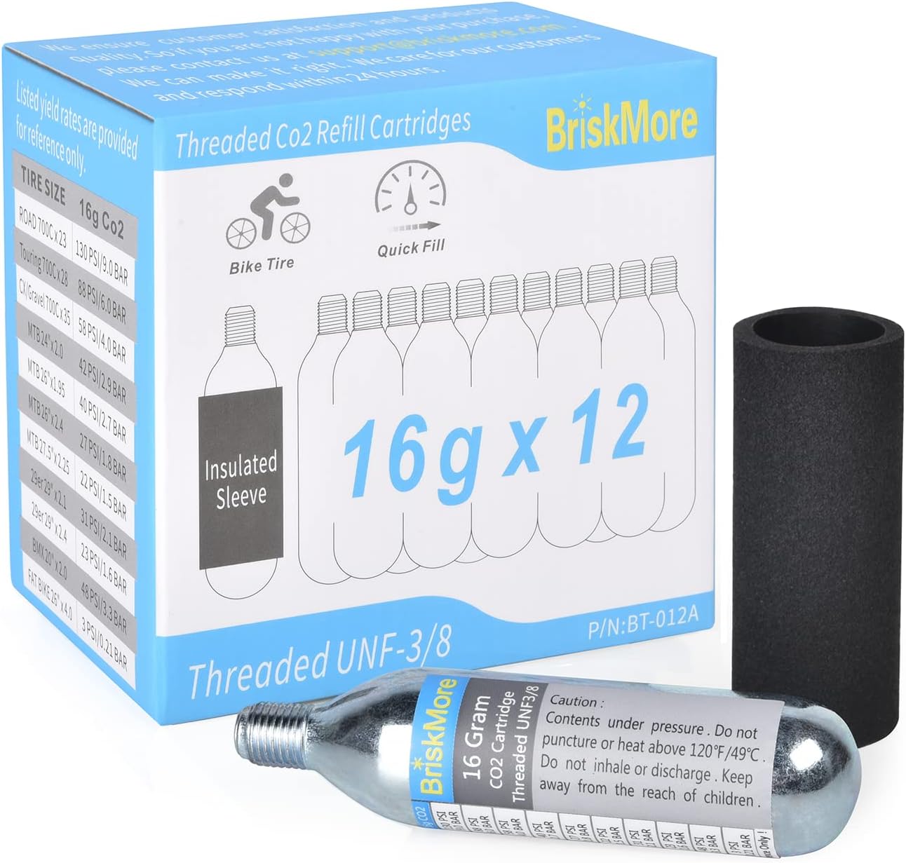 BriskMore Threaded CO2 Cartridges 16g - for All CO2 Bike Tire Inflators with Threaded Connection - Refill for Bicycle Tires - 12PCS Cartridges, Insulated Sleeve Included,Inflator Valve NOT Included.