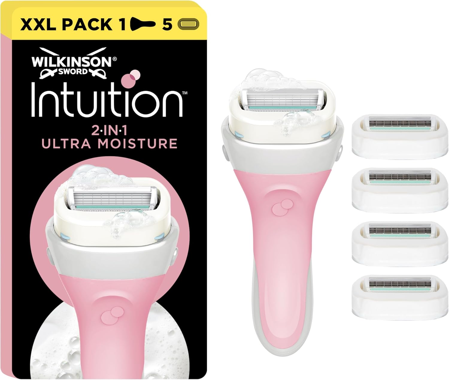 Wilkinson Sword Intuition 2-in-1 Ultra Moisture Women’s Razor Blades, Hair Remonal, Touch of Shea Butter, Shavers for Routine Grooming, 1 Reusable Handle and 5 Refill Razor Blades Pack