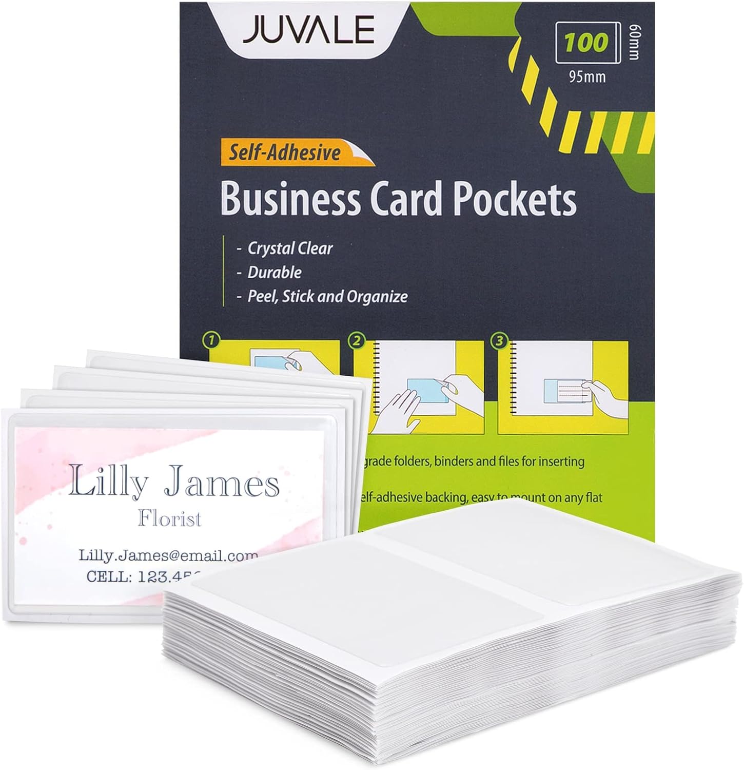 100-Pack Clear Business Card Pockets Holders 9.5x5 cm, Self-Adhesive Side Load Plastic Protector, Sleeves Labels, Bulk Set for Storage, Organisation, Labelling Bins, Folders, Files