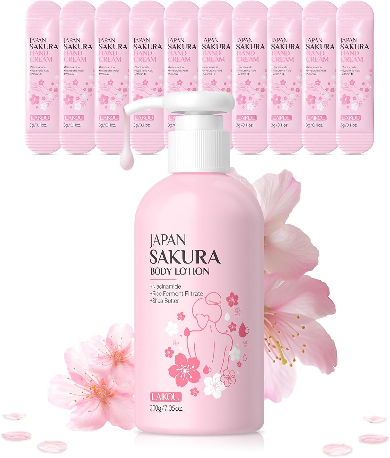 LAIKOU Sakura Body Lotion 200g, Hydrating Moisturiser with Niacinamide & Vitamin C, Enriched with Shea Butter for Soft, Glowing Skin, Non-Sticky, Fast-Absorbing, Includes 10x 3g Hand Cream Samples