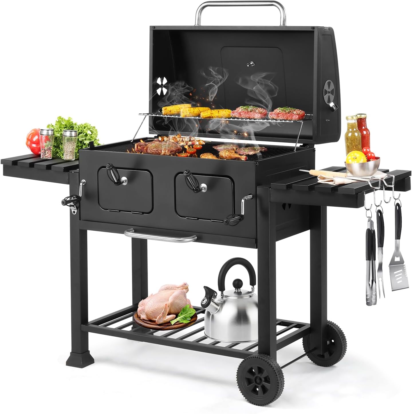 Bonnlo Large Portable Charcoal Barbecue Grills, Built in BBQ Grill and Tray, Dual Height Adjustable Charcoal Trays & Temperature Gauge Barbecues Smoker for Outdoor Cooking Party