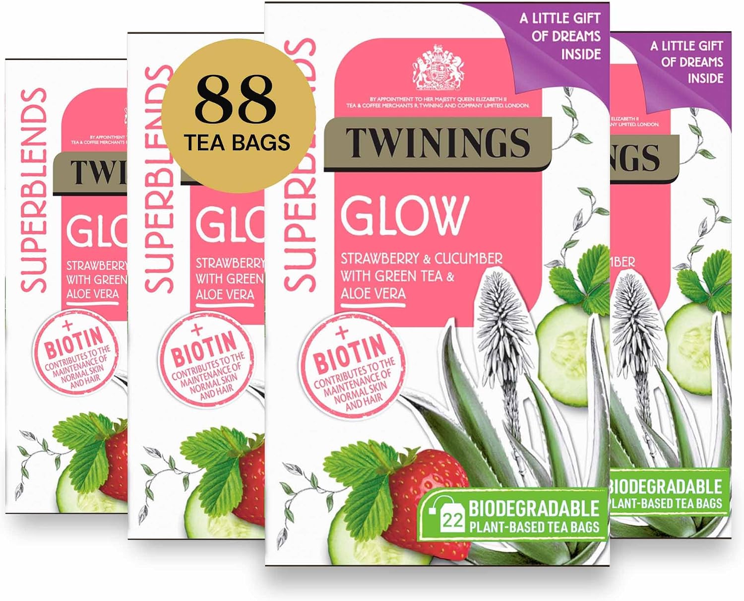 Twinings Superblends Glow Tea - Strawberry & Cucumber Green Tea with Aloe Vera & Biotin for Skincare & Hair Care, 88 Biodegradable Tea Bags (4x22) with 2 Sweet Dream Tea Bags