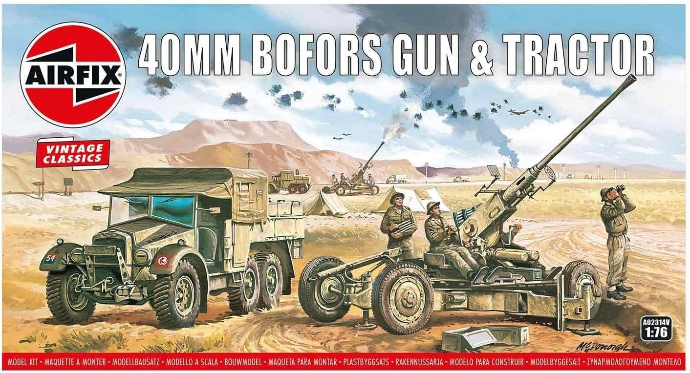 Airfix Vintage Classics Set - A02314V Bofors 40mm Gun & Tractor - Plastic Model Motor Vehicle Kits for Adults & Children 8+, Set Includes 107 Pieces, Sprues & Decals - 1:76 Scale Model Vehicle Set