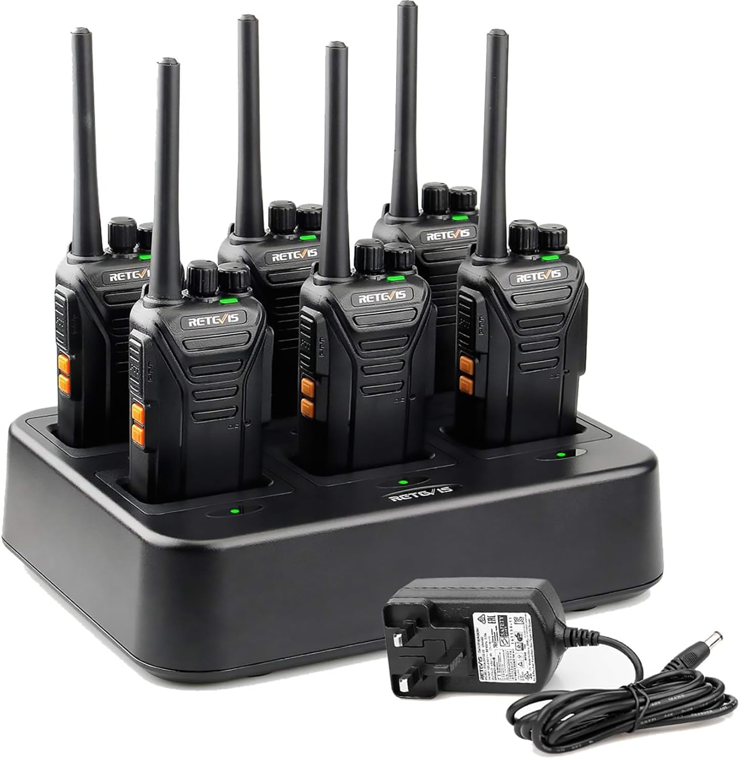 Retevis RT27 Walkie Talkies, Walkie Talkies for Adults Long Range, with 6 Way Charger, Rechargeable 2 Way Radio Hand Free, PMR446 License Free Radio Communication for School Security (6 Pack, Black)