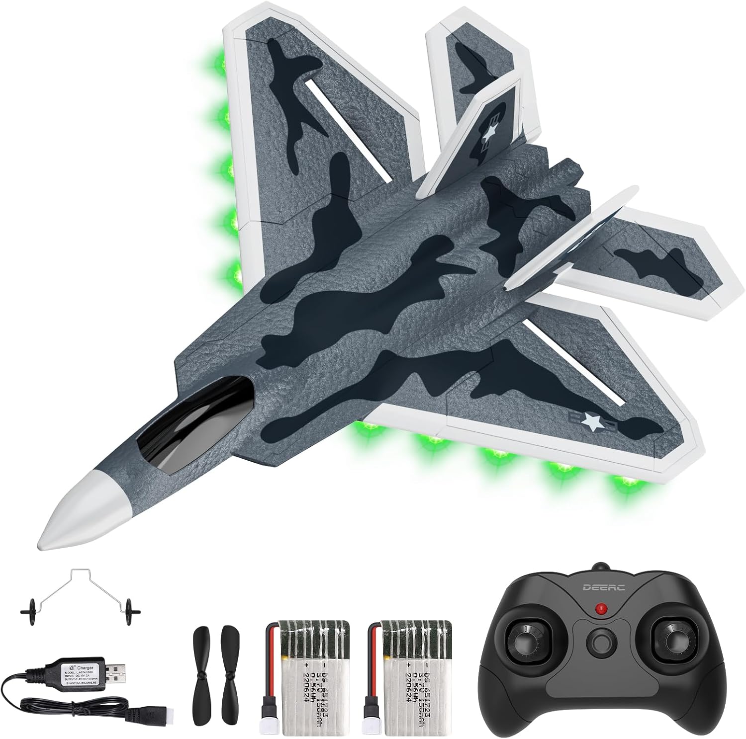 DEERC 2CH F22 Raptor RC Plane wiht Lights,Remote Control Airplane Fighter Toys,2.4GHz 6-axis Gyro Stabilizer RTF Glider Aircraft Jet Plane with 2 Batteries,Easy to Fly for Kids Beginners Boys