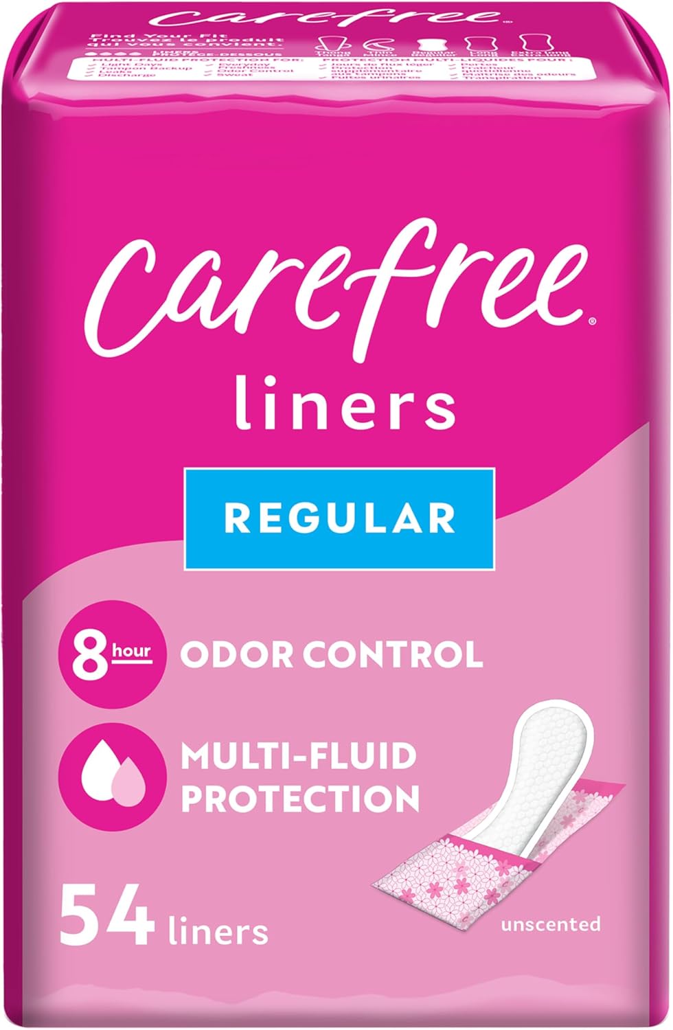 Carefree Panty Liners for Women, Regular, Wrapped, Unscented, 54ct | Pantiliners, Carefree Liners, Daily Liners for Women, Light Periods and Leaks, 8-Hour Odor Control | 54ct (Packaging May Vary)