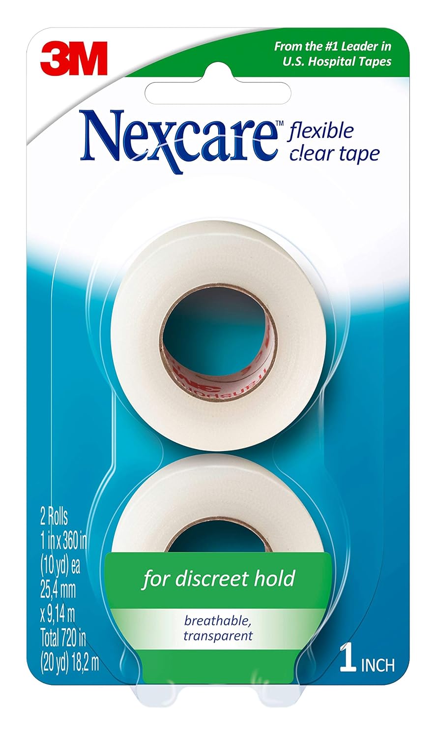 Nexcare Flexible Clear Tape, Waterproof Transparent Medical Tape, Secures Dressings and Catheter Tubing - 1 In x 10 Yds, 2 Rolls of Tape