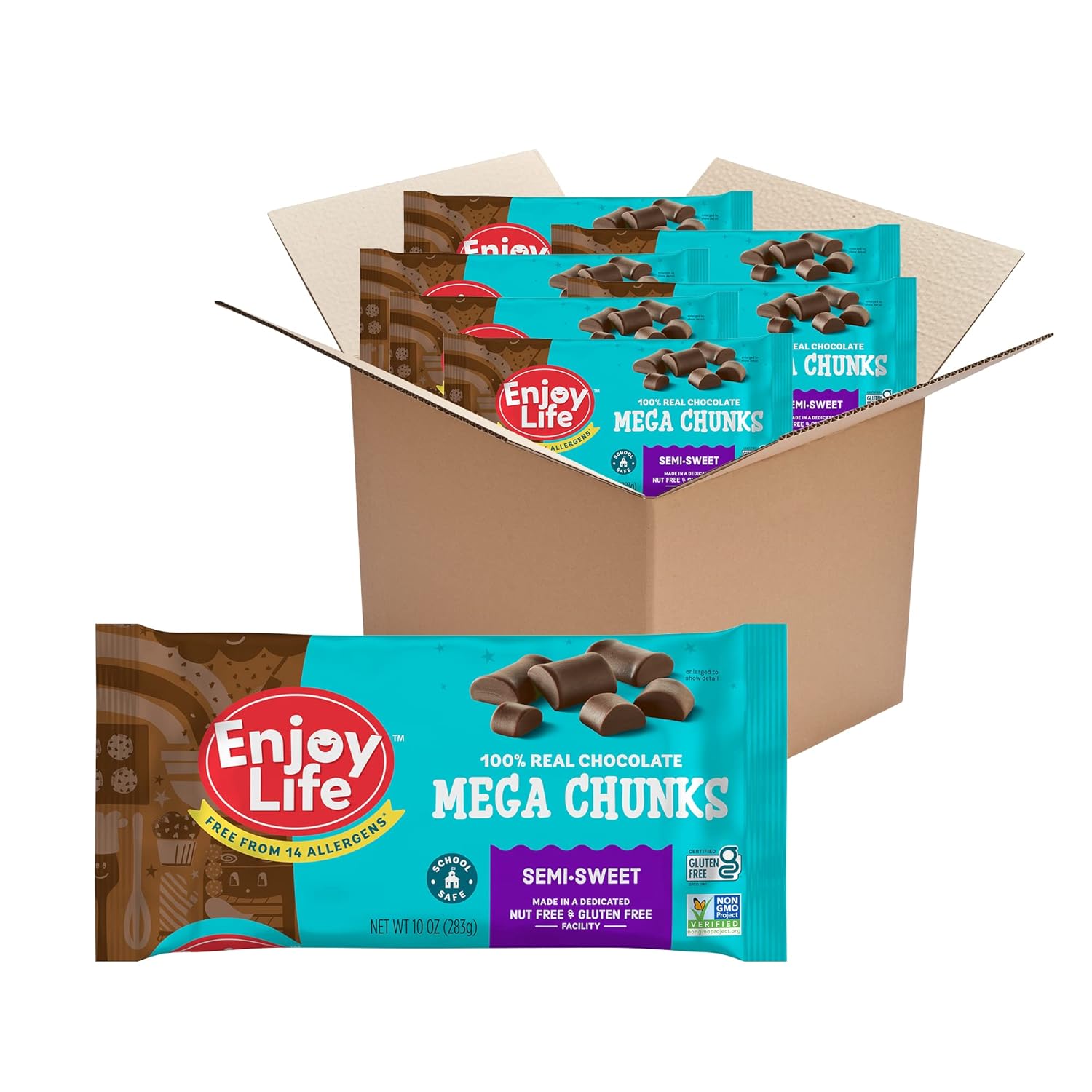 Enjoy Life Semi-Sweet Mega Chunks, Baking Chocolate Chips Bundle, Vegan, Dairy Free, Gluten Free, Nut Free, Kosher, Soy Free Allergy Friendly, 6 Bags (10 oz Each)