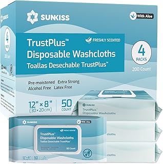 SUNKISS Trustplus Wet Wipes for Adult, Extra Thick 8"x12" Body Cleaning Wipes with Aloe for Incontinence & Cleansing, Fresh Scent, 200 Count (4 Packs of 50)