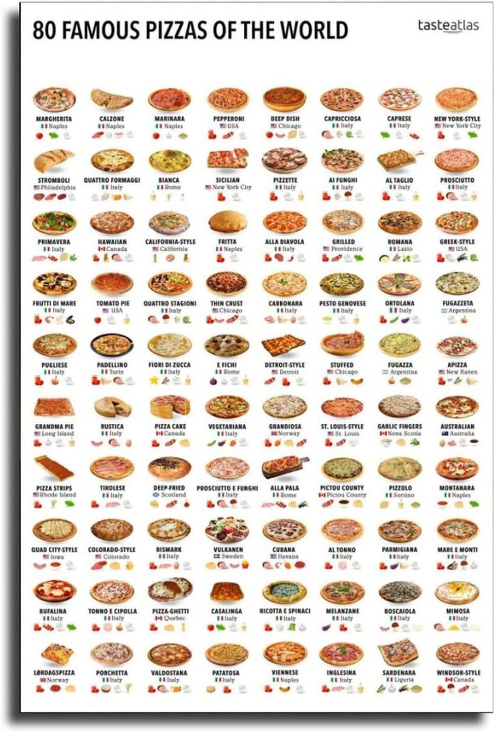 XLPOP 80 Famous Pizzas of The World Poster Decorative Painting Bathroom Decor Living Room Posters Bedroom Painting UnFramed,24x36inch(60x90cm)