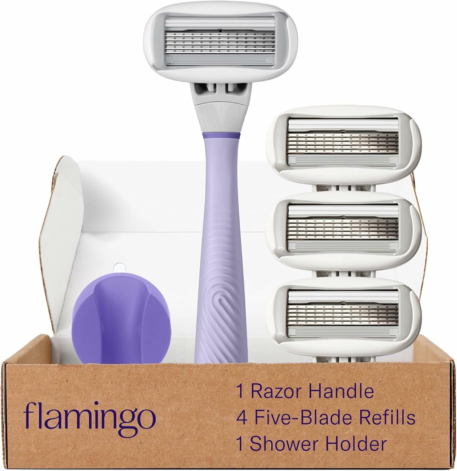 Flamingo Shaving Razor Set for Women - Original Razor Handle, 4 Blade Refills, and Shower Holder - Lilac