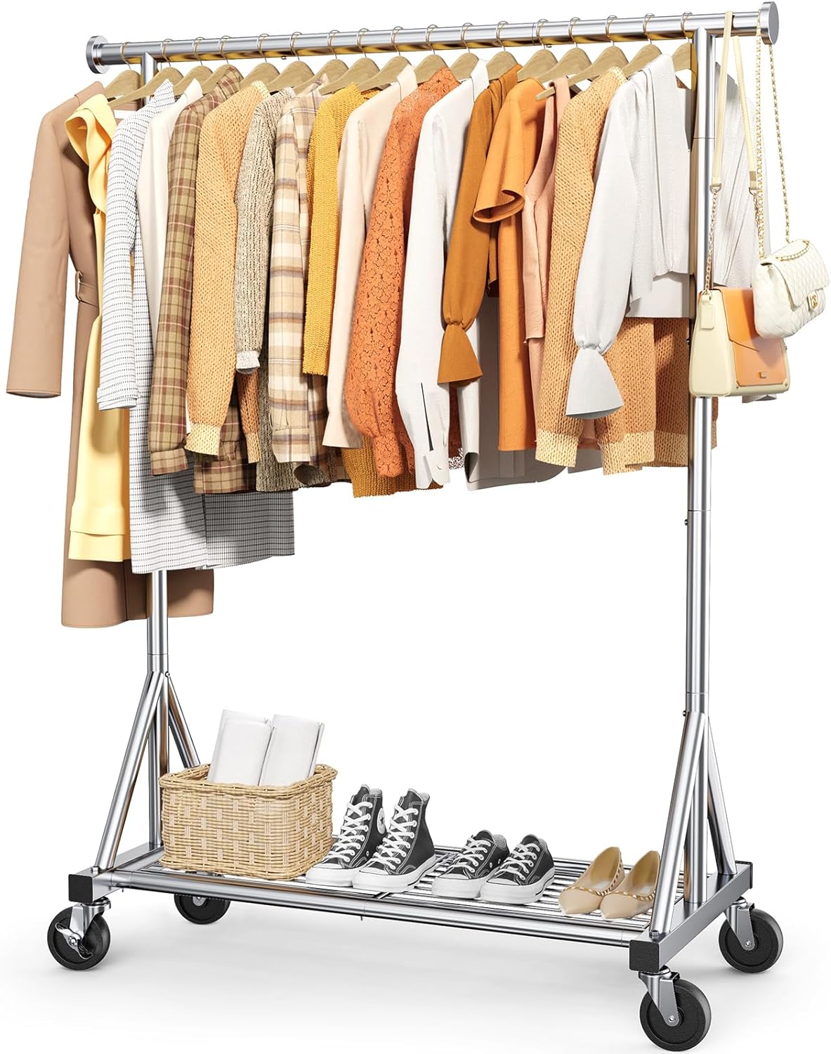 Heavy-Duty Clothes Rack, Stainless Steel Garment Stand with Mesh Shelf, Lockable Wheels & Anti-Slip Stoppers, Rolling Clothing Rack for Bedroom Storage, 42.5" x 16.5" x 65.9", Silver
