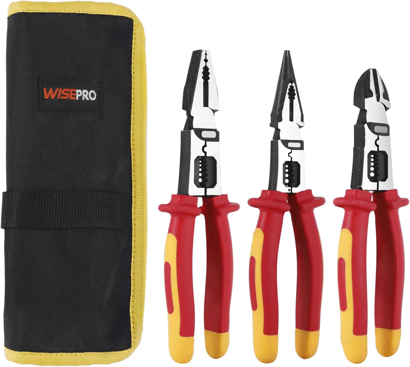 3 Pcs Insulated Pliers Set, Multifunctional Wire Stripper Crimper Pliers with Pouch Including Linesman Pliers, Needle Nose Pliers, Diagonal Cutters for Screwing, Crimping, Stripping, Shearing