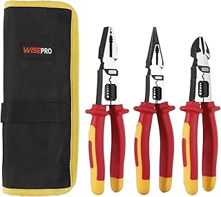 3 Pcs Insulated Pliers Set, Multifunctional Wire Stripper Crimper Pliers with Pouch Including Linesman Pliers, Needle Nose Pliers, Diagonal Cutters for Screwing, Crimping, Stripping, Shearing