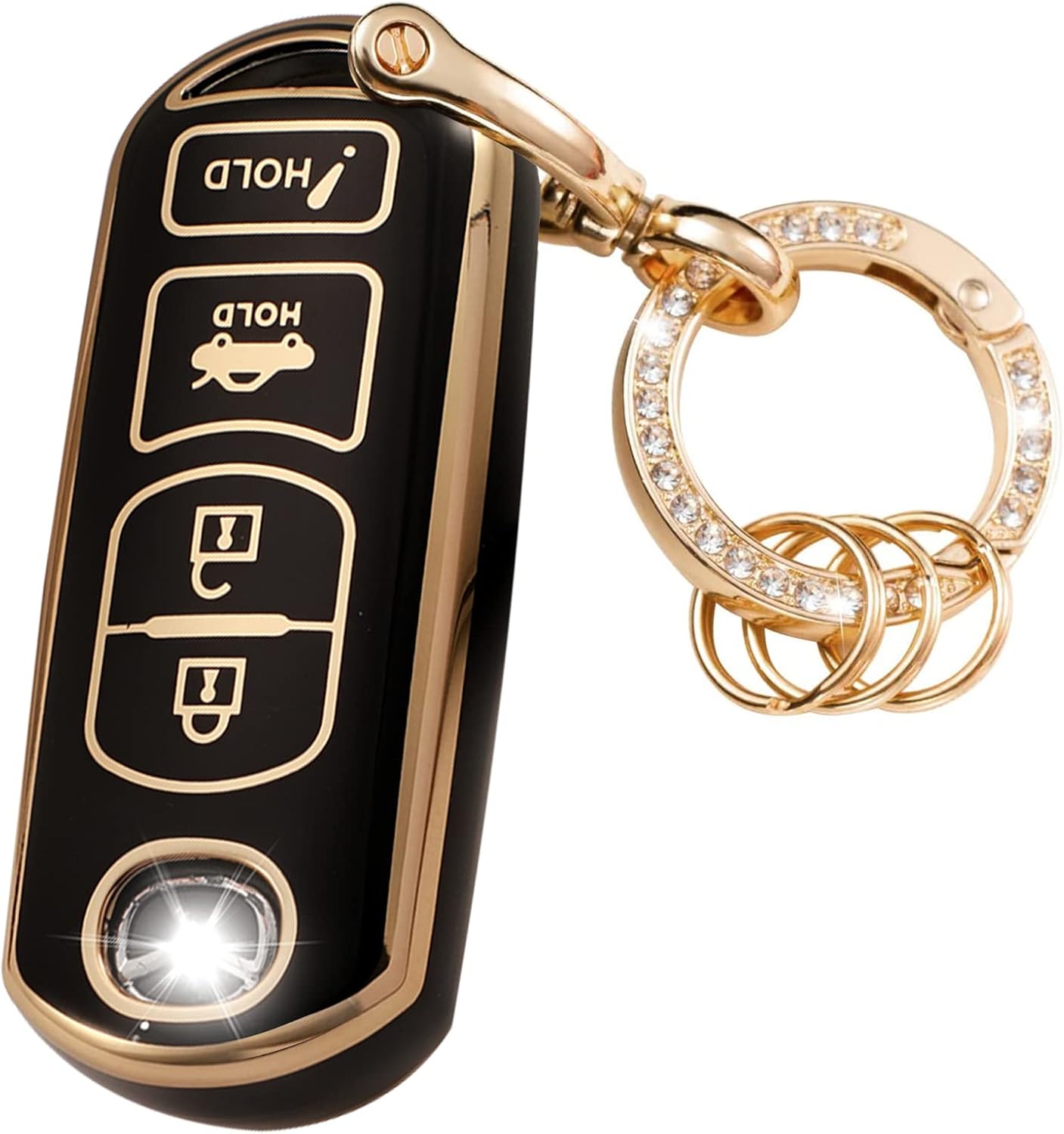 for Mazda Key Fob Cover Soft 3 4 Buttons TPU Protection Car Key Case Shell with Fashion Gold Bling Keychain Compatible with Mazda 3 6 8 Miata MX-5 CX-3 CX-5 CX-7 CX-9 Smart Remote Keyless black