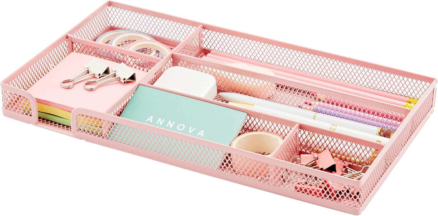Annova Desk Drawer Organizer Tray for Office Organization - Metal Mesh - Storage Tray with Dividers for Pens, Desktop Accessories, Bathroom, Kitchen, Makeup and Office Supplies (Light Pink)