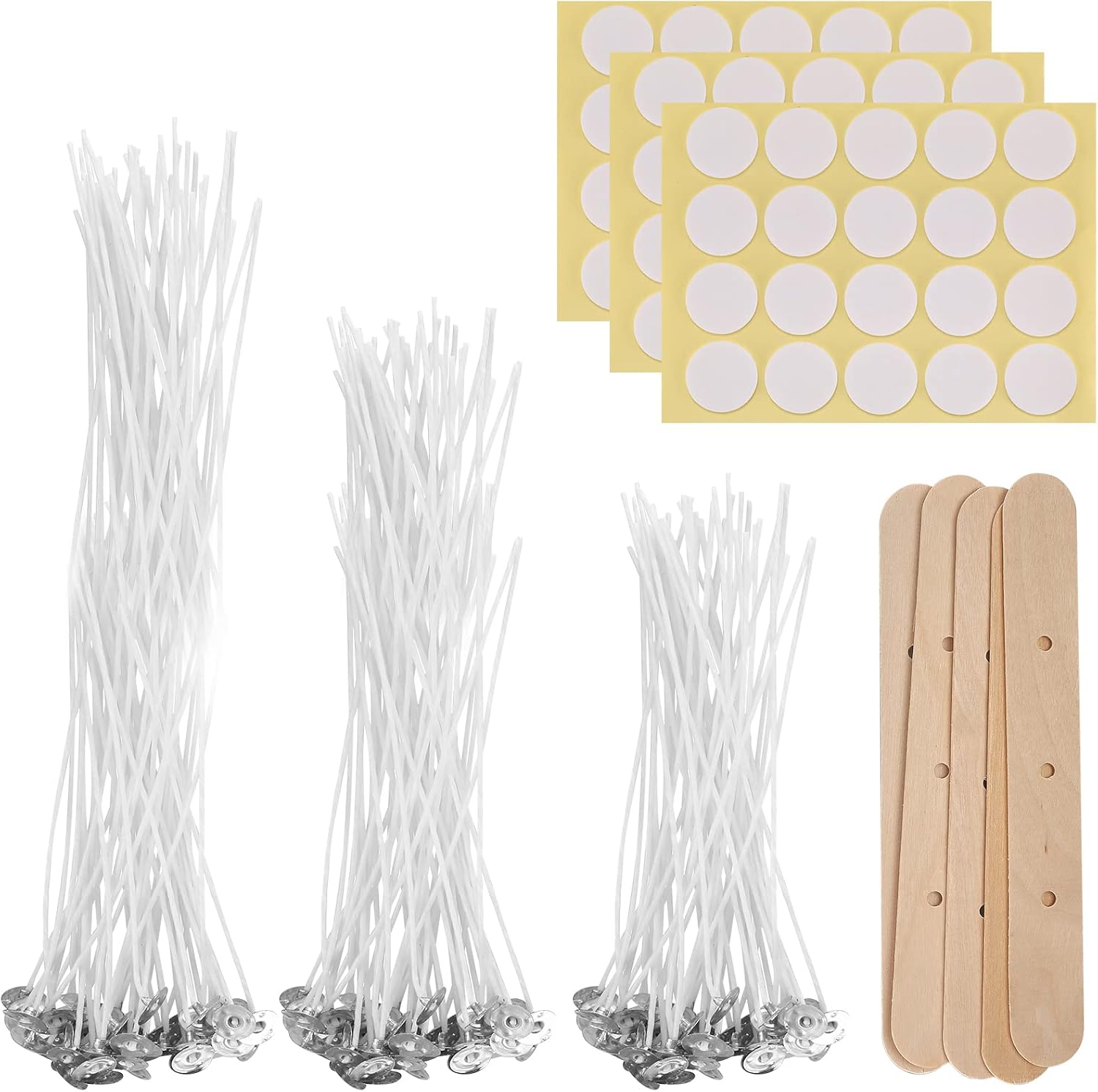 150 PcsCandle Wicks for Candle Making DIY, 4" 6" 8" Cotton Long Wicks for Candlemaking, with 5 WoodCandle Wick Holders for Candle Making Wick & 3 Sheets Stickers, for DIY Candles Crafts
