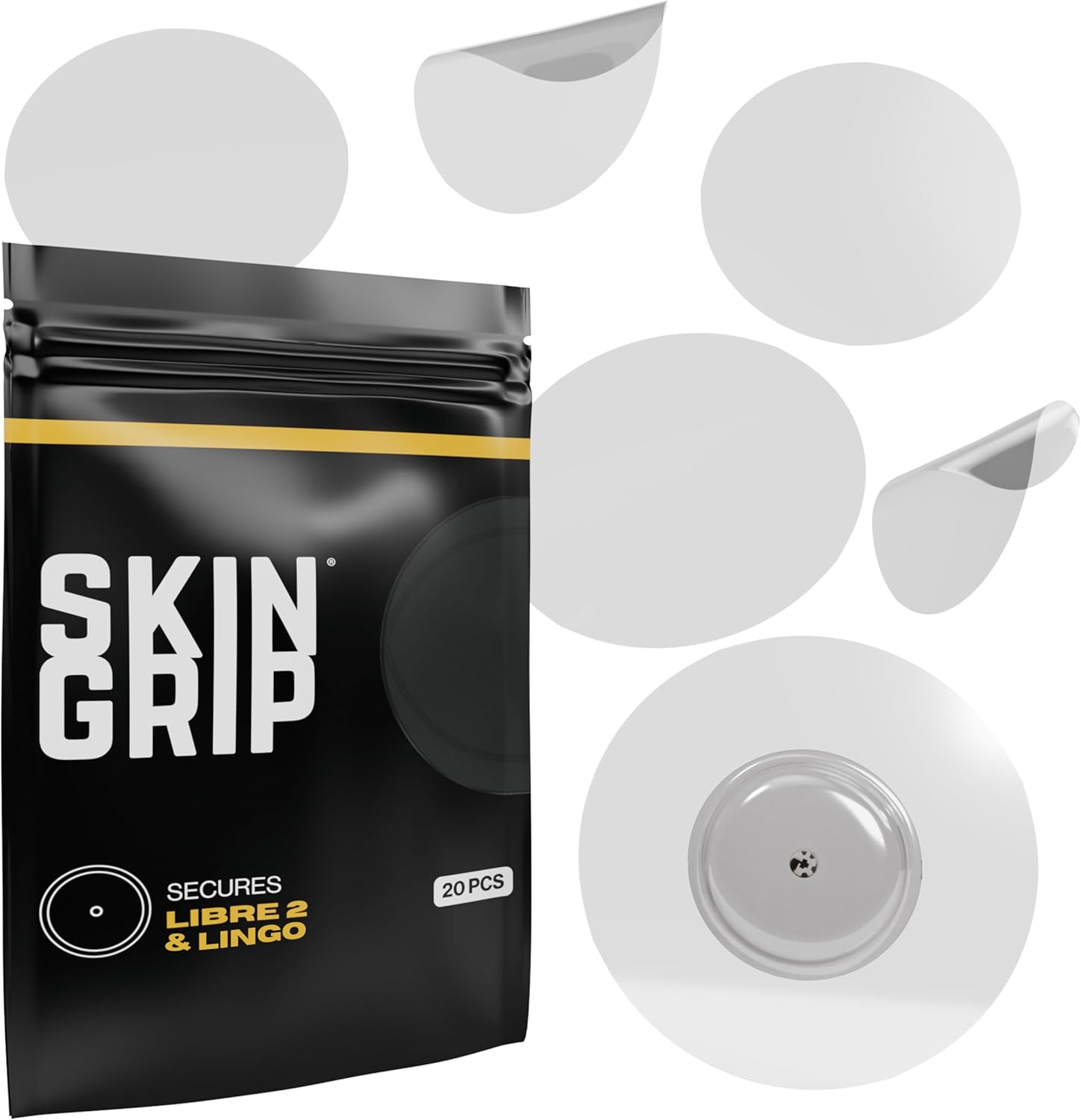 Skin Grip Freestyle Libre 2 Sensor Covers & Lingo CGM – Waterproof and Sweatproof Adhesive for 10-15 Days, Pre-Cut Medical Tape, Continuous Glucose Monitor Patch – 20 Pack, Clear