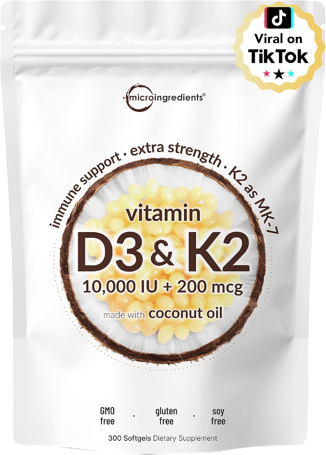 Micro Ingredients Vitamin D3 K2 MK-7 10,000 IU Per Serving, 300 Softgels