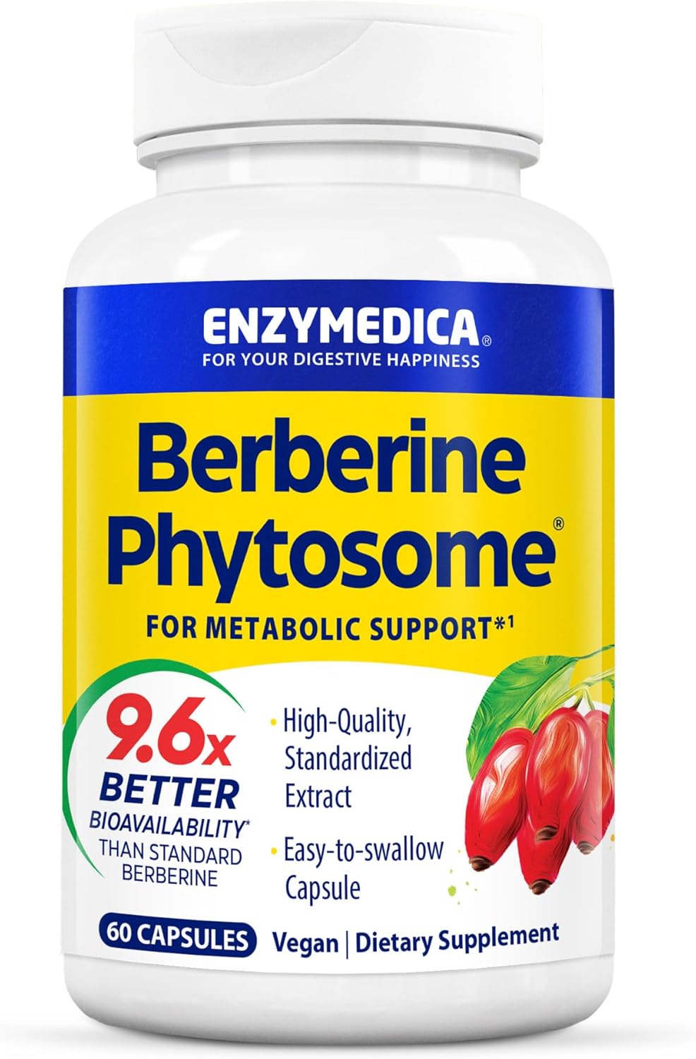 Enzymedica, Berberine Phytosome, 9.6X Better Bioavailability, High Potency Natural Vegan Dietary Supplement for Metabolic Support, 60 Capsules