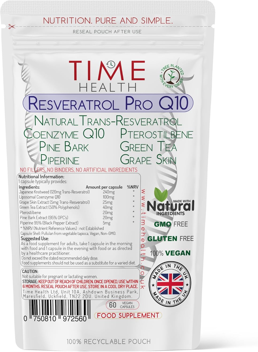 Resveratrol Pro Q10 - Trans-Resveratrol, Coenzyme Q10, Pterostilbene, Pine Bark, Green Tea, Grape Skin, Piperine - Split Dose for Maximum Benefits - UK Manufactured - Zero Additives - 60 Capsules