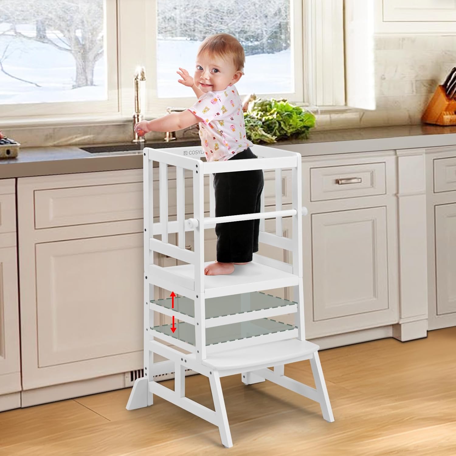 COSYLAND Toddler Standing Tower Adjustable Height - Toddler Kitchen Stool Helper - Kids Kitchen Step Stool for Learning with Removable Safety Railing White
