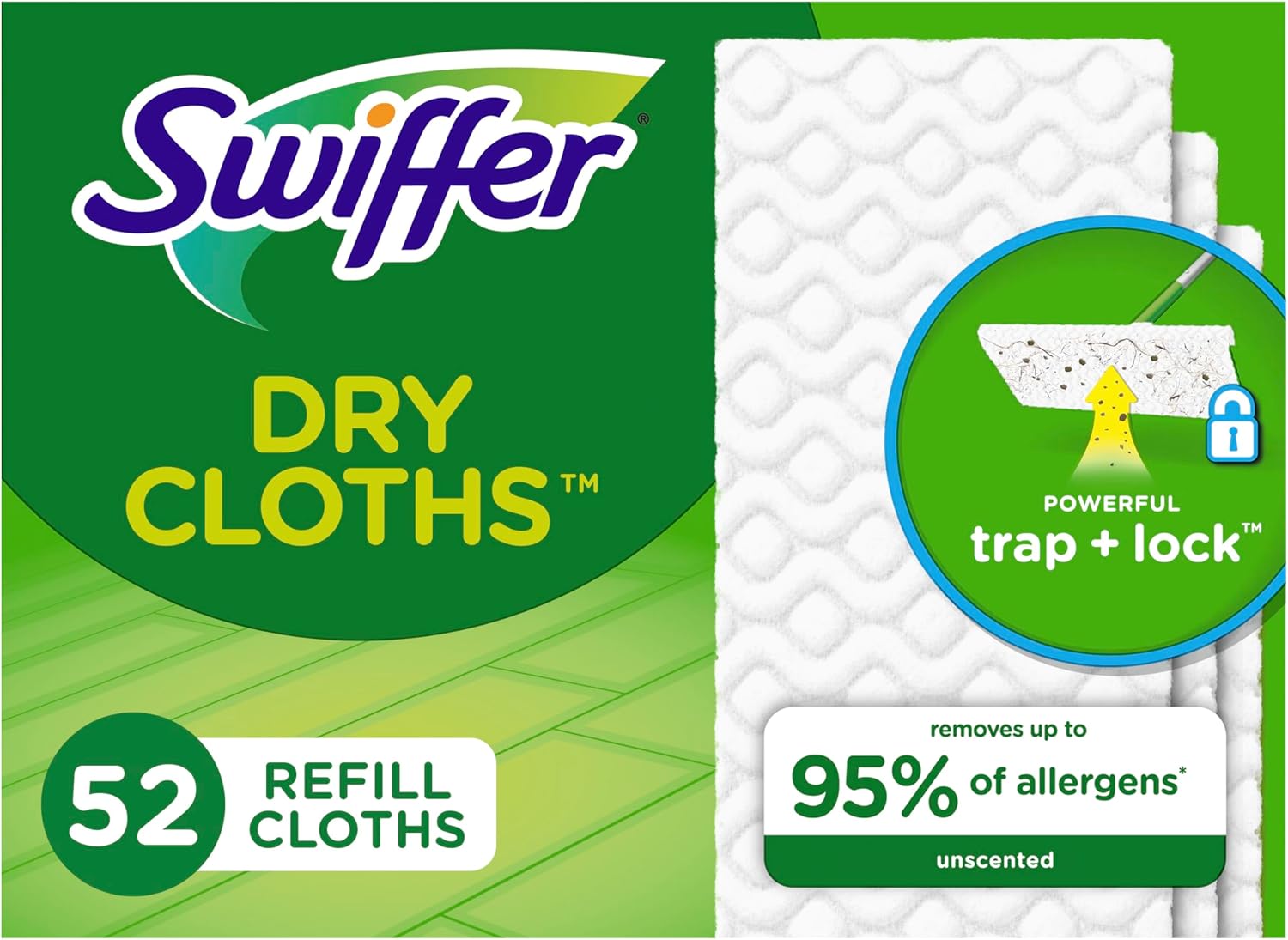 Swiffer Sweeper Dry Mop Refills for Floor Mopping and Cleaning, All Purpose Floor Cleaning Product, Unscented, 52 Count (Packaging May Vary)