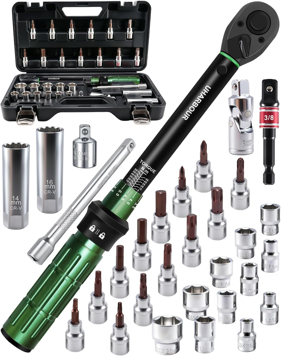 Uharbour 3/8" Torque Wrench Set 5-60Nm, 31 PCS Kit for Bike Moto Car