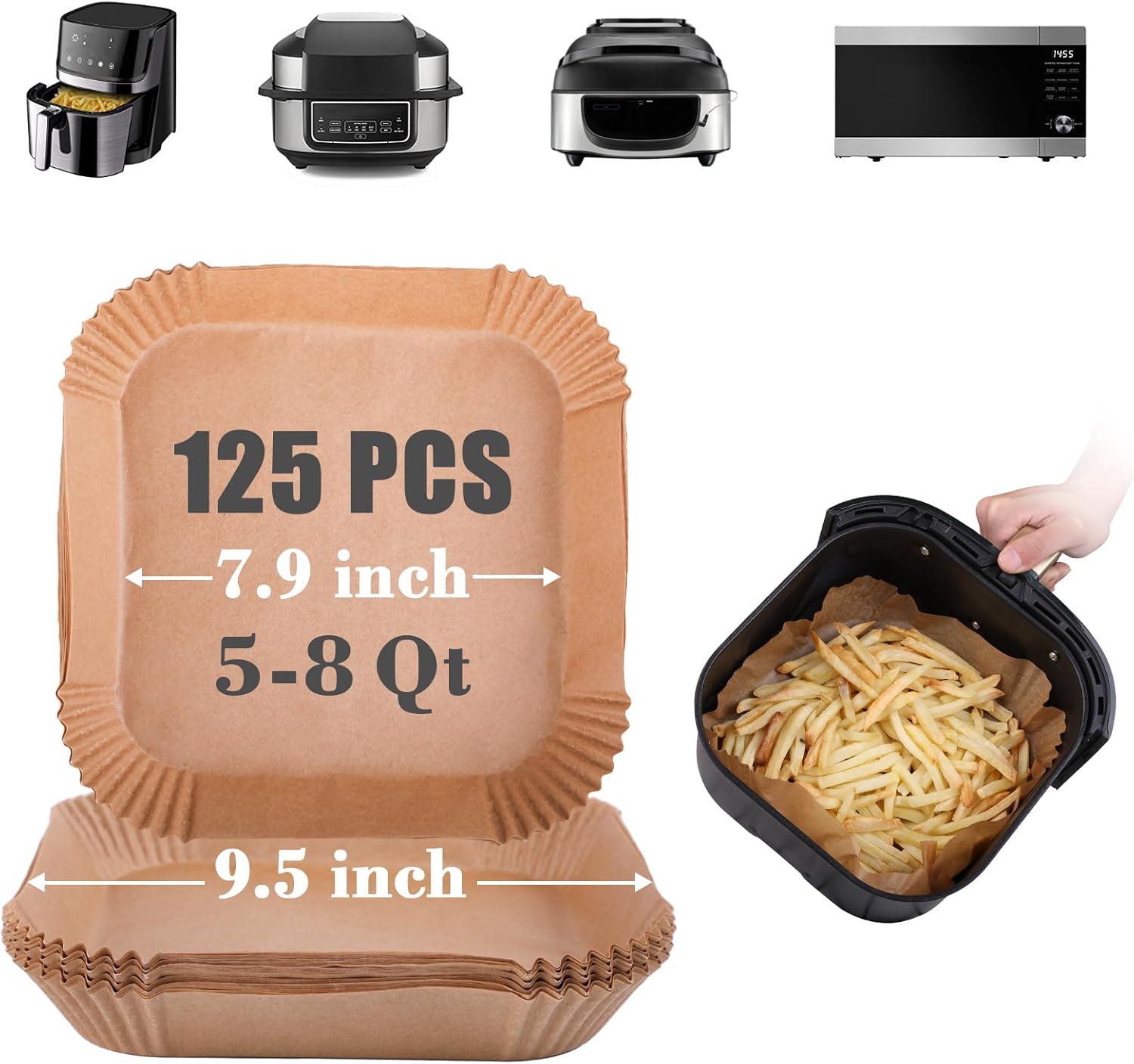 GOAUS Air Fryer Square Paper Liners Disposable Large for 5 to 8 Qt Basket, 7.9 inch Unbleached Non-stick Oil-proof Parchment Paper