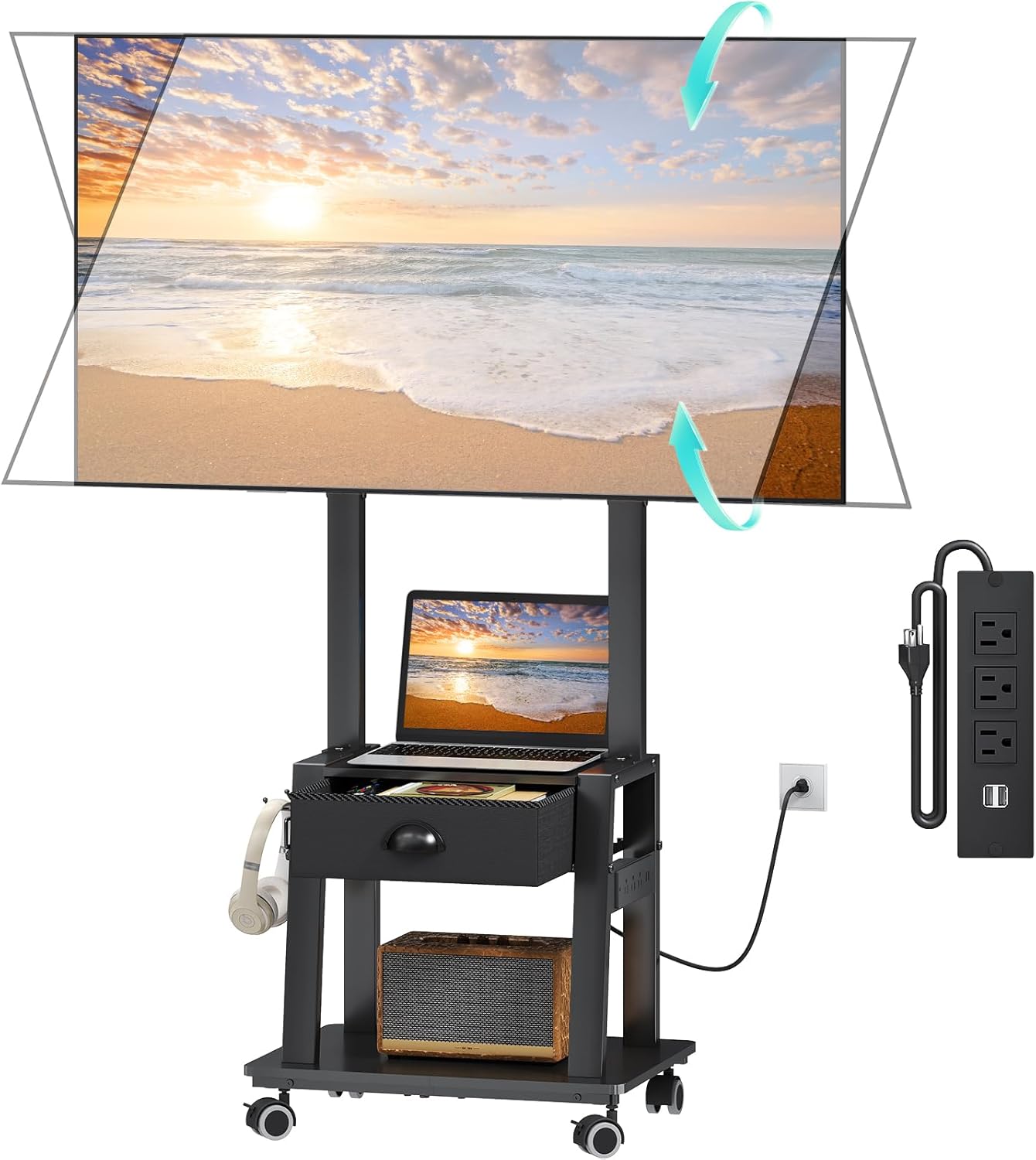 Rolling TV Stand with Power Outlet,Tilt TV Cart with Drawer for 23-60 inch Flat/Curved Screen Up to 50lbs,Adjustable Height Portable TV Stand on Wheels,for Indoor Outdoor,Max VESA 400x400mm