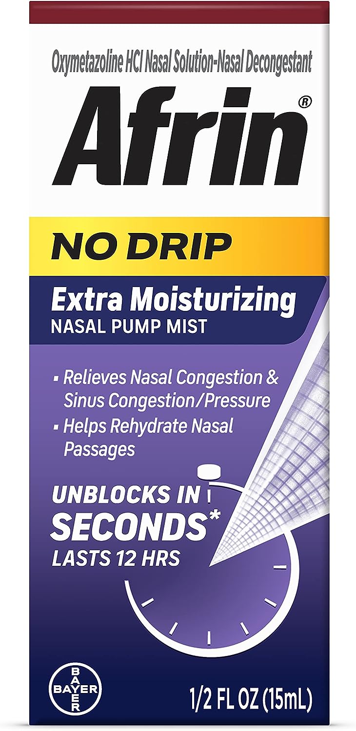 Afrin No Drip Extra Moisturizing 12 Hour Nasal Congestion Relief Pump Mist, Sinus Spray Decongestant - 15 mL