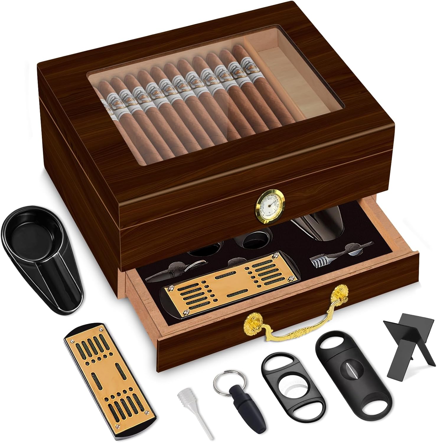 Spanish Cedar Cigar Humidor Box with Accessories and Humidifier - Glass Cover and Storage Drawer - Desktop Cigar Holder for Men - Portable Travel Case - Small Table Top Humidors for 20-50 Cigars