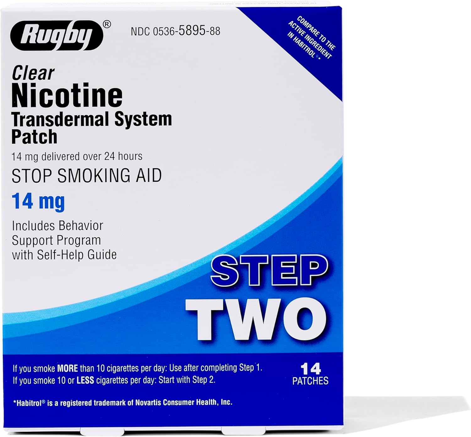 Rugby Clear Nicotine Patches - Transdermal System Patch - Smoking or Vaping Quitting Aid - Step 2-14mg - 14 Count (1 Pack)