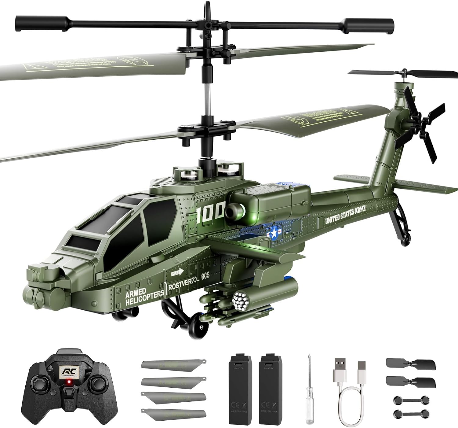 XIKOTEC Apache RC Helicopter Toy for Adults, Remote Control Helicopter Drone with 2 Batteries, LED Lights, One Key Takeoff/Landing, Altitude Hold, Indoor Flying Toy Gifts for Kids Boys 8+ Green