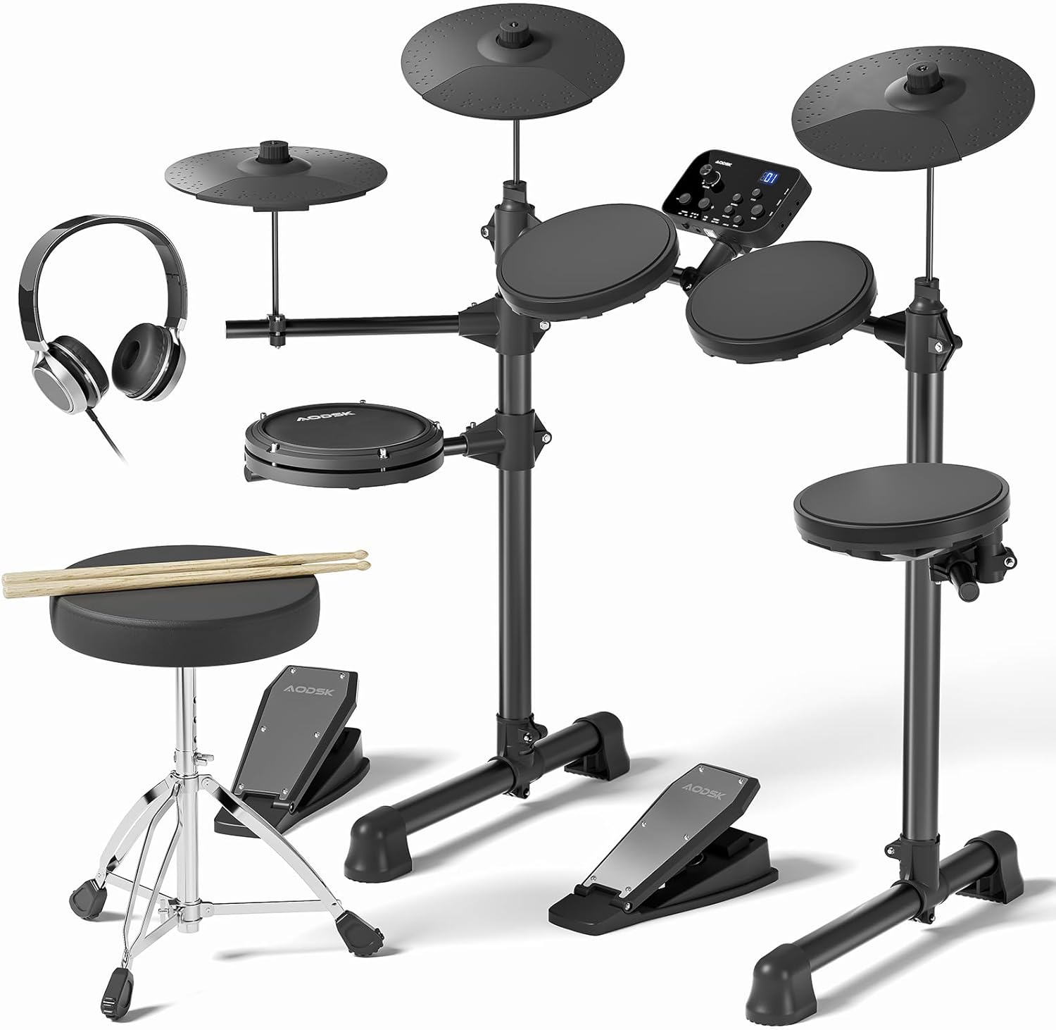 AODSK Electric Drum Set for Beginner Kids with 150 Sounds,4 Quiet Drum Pads,2 Pedal,Throne,Sticks,Electronic Drum with Headphone,AED-400