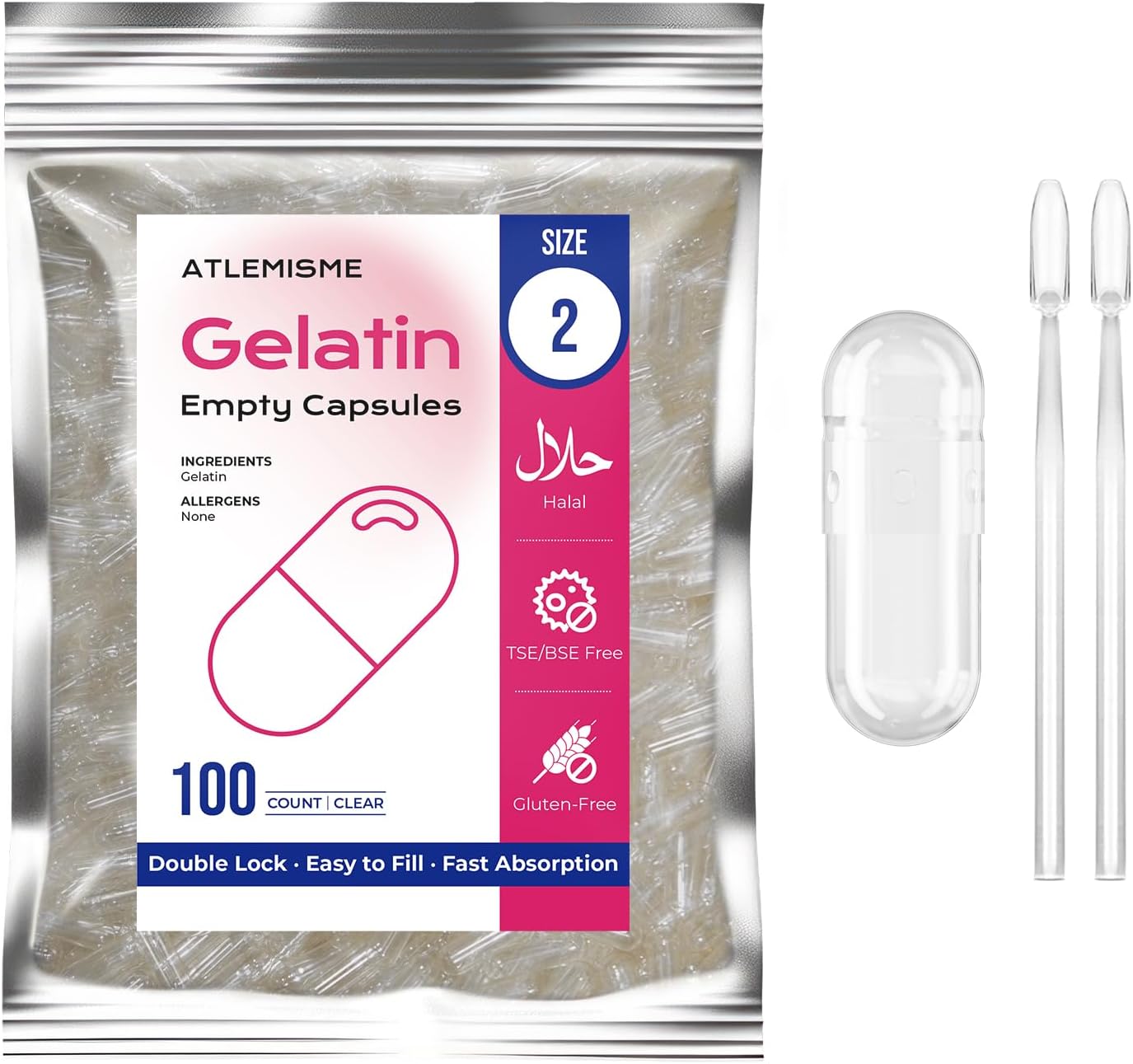 Empty Capsules Size 2 100 Count,Clear Empty Gelatin Capsules Kosher,Halal and Non GMO Certified for DIY Supplements.Hypoallergenic Gel Capsules Empty with 2 Spoons,Adapted to The Capsule Filler