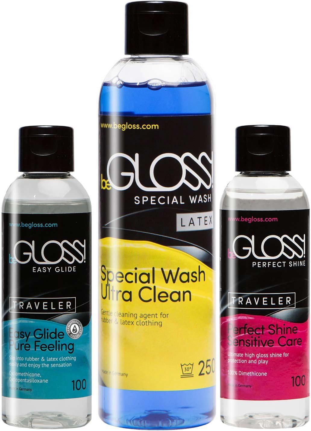 beGloss Perfect Shine 100 - Easy Glide 100 - Special Wash 250 Combo - for Latex Clothing