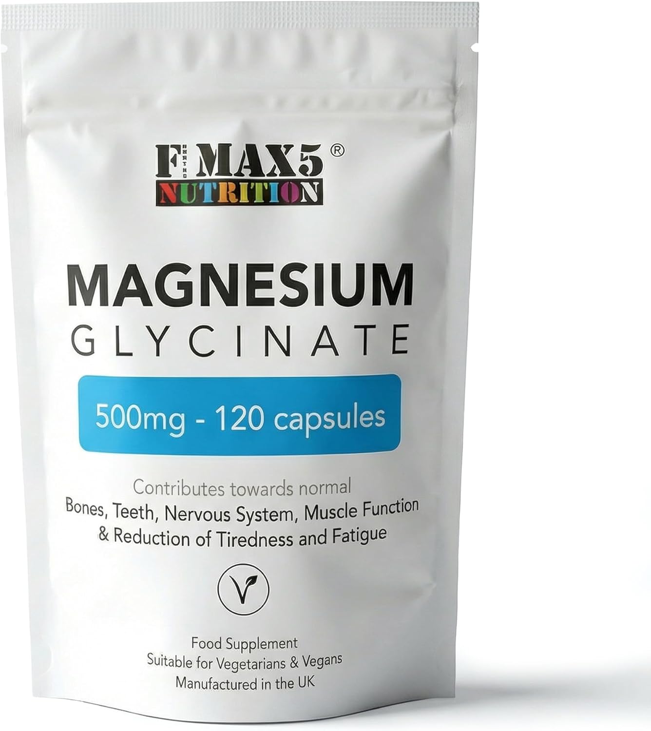 Magnesium Glycinate 500mg Supplements as Bisglycinate, 120 Vegan Capsules, High Absorption / Bioavailability - 100mg Elemental, UK Made