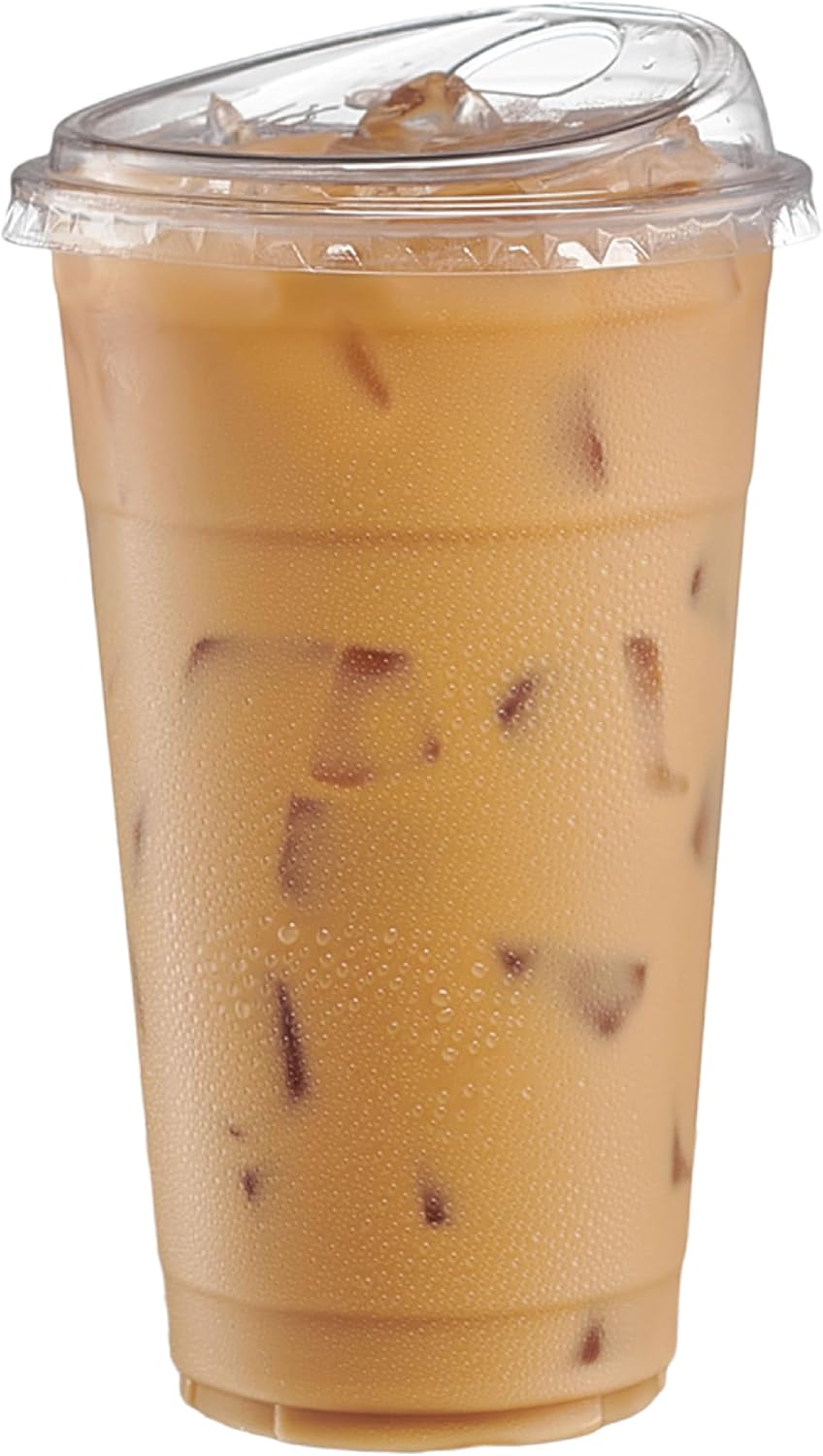 GUSTO Clear Plastic Cups with Lids [24 oz - 50 Count - Disposable Iced Coffee Drink Cups with Strawless Sip Lids for Smoothies, Juices, and More - Formerly Comfy Package